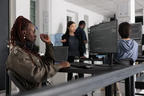 Software developer thinking at it ideas trying to write code and create new Stockfoto's