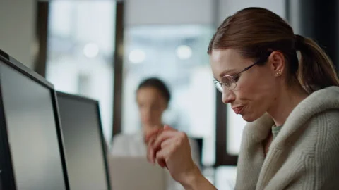 Software developer thinking solution closeup. Stressed woman programming analyze Stock Footage 242987301