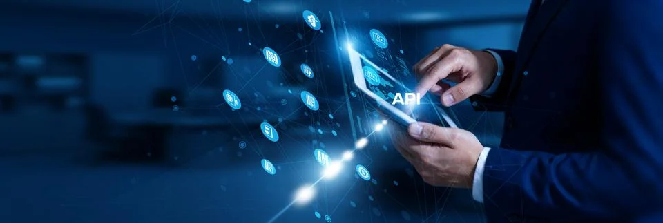 Software Developer touching API using tablet cloud network, integration, en.. Stock Photos