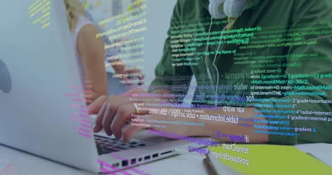 Software developer typing code on laptop causing overlay intensifying and Stock Footage 312228982
