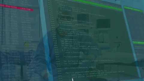 Software developer typing code in office, with floating JavaScript lines and Stock Footage 307466213