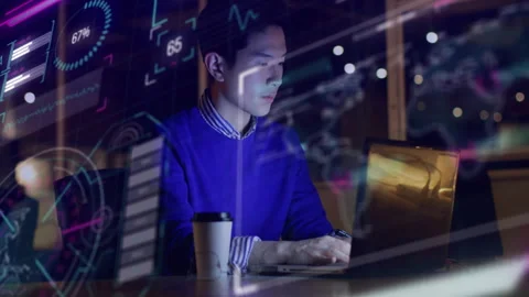 Software developer typing commands on laptop, activating progress indicators for Stock Footage 312467354