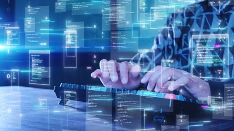 Software developer typing on a keyboard, with digital codes and abstract program Stock Footage 277405986