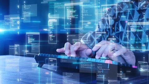 Software developer typing on a keyboard, with digital codes and abstract pr.. 스톡 사진