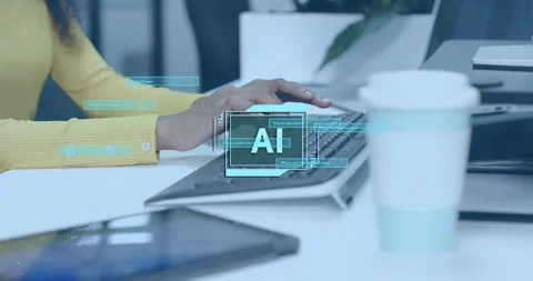 Software developer typing on keyboard initiating holographic AI icon pulsing Stock Footage 315508440