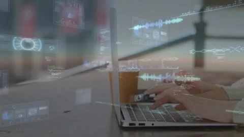 Software developer typing on laptop starting holographic code charts and audio Stock Footage 318476179