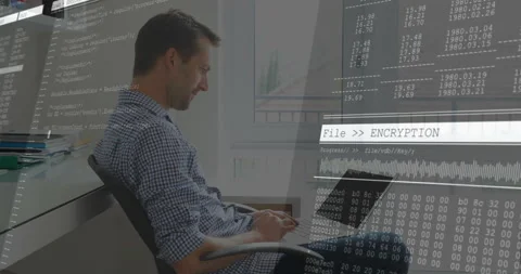 Software developer typing on laptop triggers transparent encryption code Stock Footage 312482919