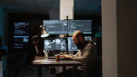 Software developer typing source code on laptop and multiple monitors Stock Photos