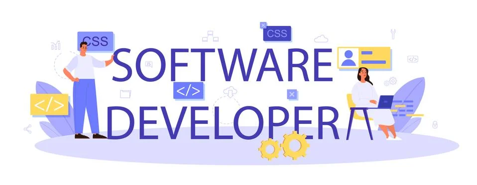 Software developer typographic header. Idea of working on the computer Illustrazione stock