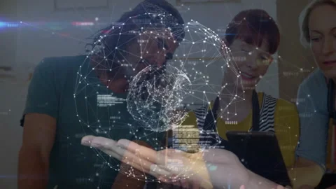 Software developer, UI designer and project manager exploring digital network Stock Footage 307434057