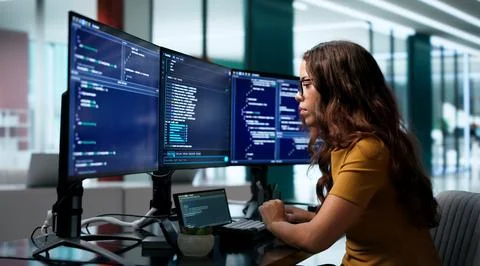 Software Developer Uses Computer To Write Clean Code Efficiently. Photos