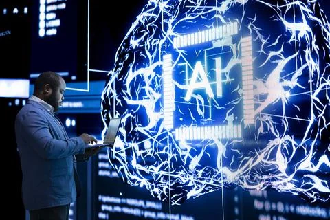 Software developer using advanced AI neural network technology 스톡 사진