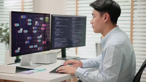 Software developer using generative AI automation code assistant help working Stock Footage 255720666