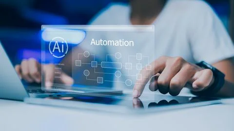 Software developer using virtual screen for AI automation and workflow proc.. Fotos Stock