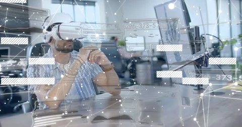 Software developer using VR headset lifting hand and swiping holographic panels Stock Footage 314868484