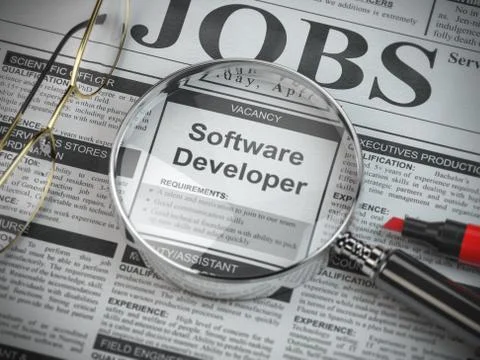 Software developer vacancy in the ad of job search newspaper with loupe. Stock Illustration