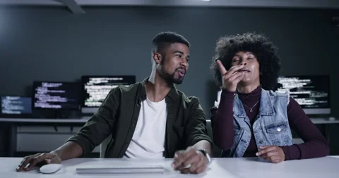 Software developer, virtual screen and people smile for HTML script Stock Footage 260862125