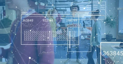 Software developer walking ahead initiating animated tech data overlay panels Video stock 318063332