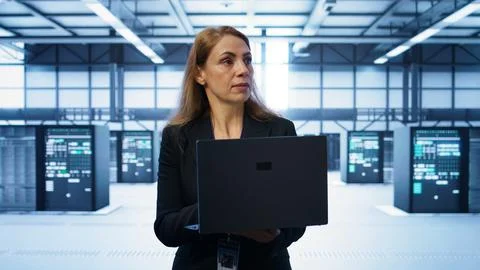 Software developer walking in data center with laptop Stock Photos