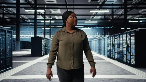 Software developer walking in data center, checking hardware Foto stock