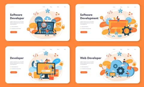 Software developer web banner or landing page set. Idea of programming Stock Illustration
