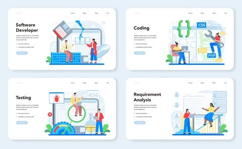 Software developer web banner or landing page set. Idea of programming Stock Illustration