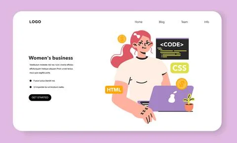 Software developer web banner or landing page. Female programmer 스톡 일러스트