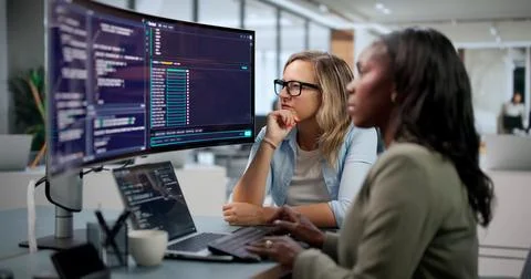 Software Developer Woman Collaborates On Secure Cloud Coding Project Remotely Stock Photos