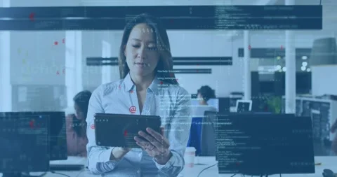 Software developer woman raising tablet and starting code overlays for data Stock Footage 318046483