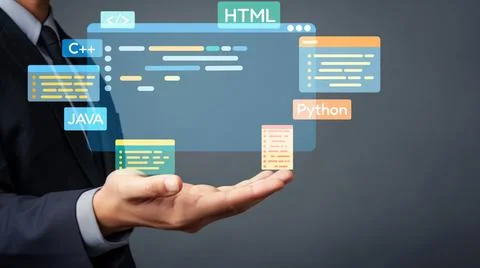 Software developer work with coding overlays of programming languages EIDE Stock Photos