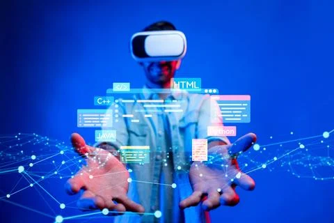 Software developer work with coding overlays of programming languages EIDE Stock Photos