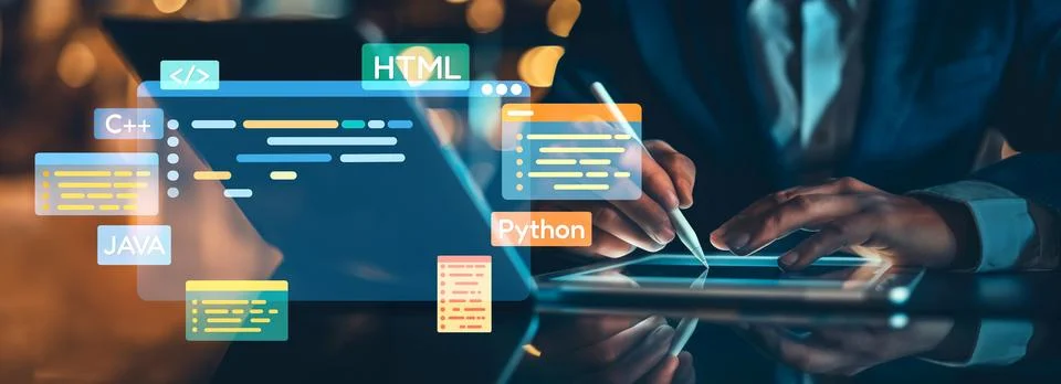 Software developer work with coding overlays of programming languages EIDE Stockfoto's