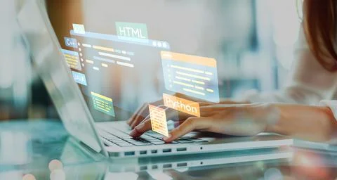 Software developer work with coding overlays of programming languages EIDE Stock Photos