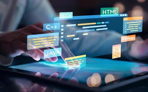 Software developer work with coding overlays of programming languages EIDE Stock Photos