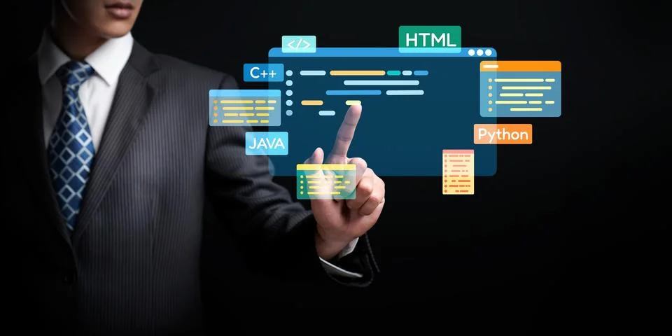 Software developer work with coding overlays of programming languages EIDE Stock Photos