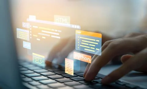 Software developer work with coding overlays of programming languages EIDE Stock Photos