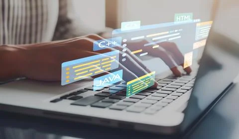 Software developer work with coding overlays of programming languages EIDE 写真素材