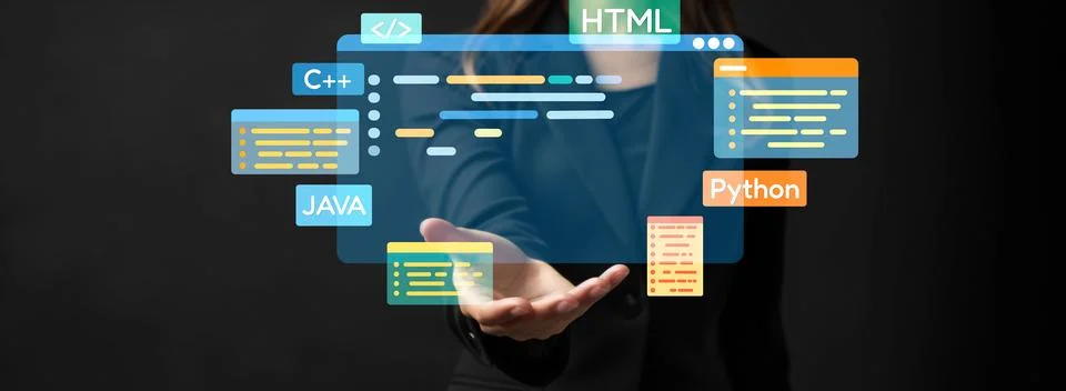 Software developer work with coding overlays of programming languages EIDE Stockfoto's