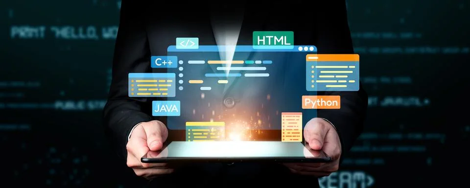 Software developer work with coding overlays of programming languages EIDE Stock Photos