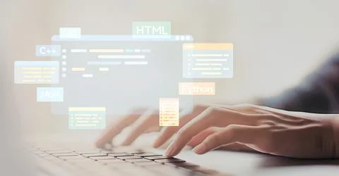 Software developer work with coding overlays of programming languages EIDE Stock Photos