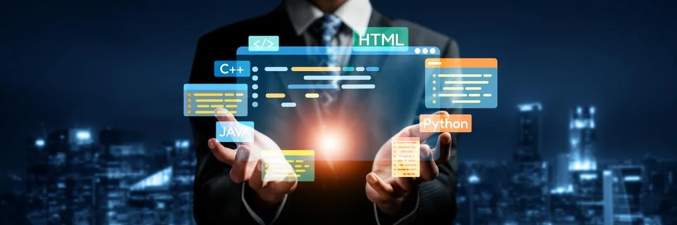 Software developer work with coding overlays of programming languages EIDE Stock Photos