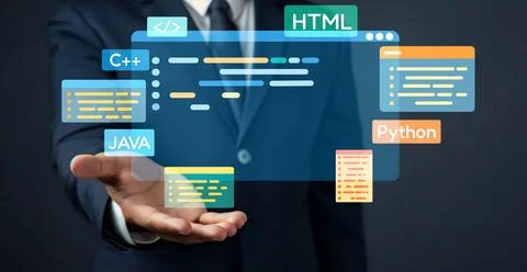 Software developer work with coding overlays of programming languages EIDE Foto stock