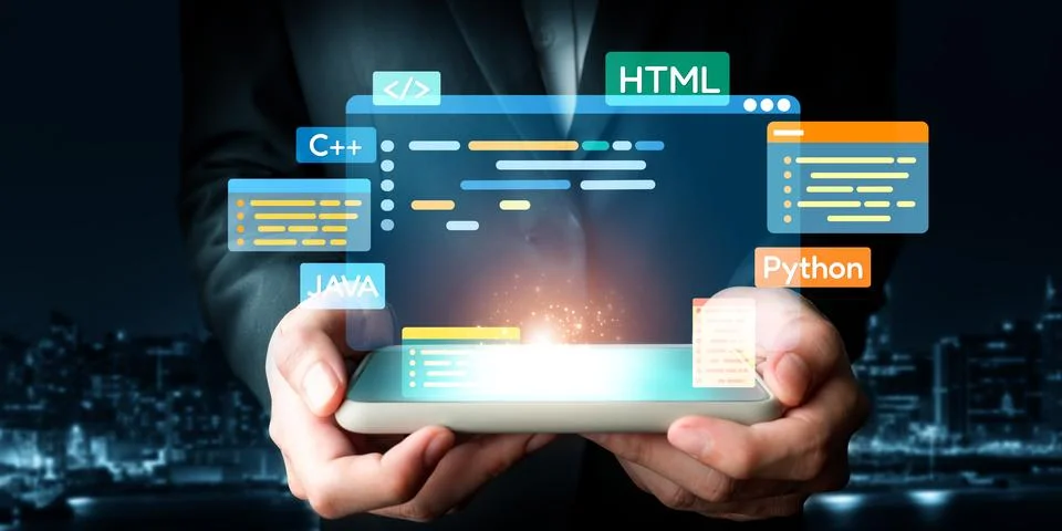 Software developer work with coding overlays of programming languages EIDE Stock Photos