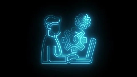 Software developer working on laptop with gears in neon style on black back.. Stock Footage 309911382