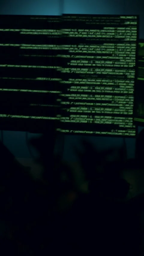 Software developer working late at night in a dark room, illuminated by multiple Stock Footage 315441155