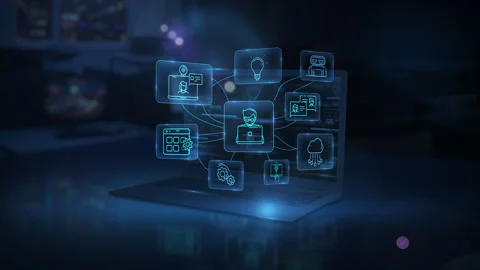 Software developer working with virtual interface and connected icons Stock Footage 327840561