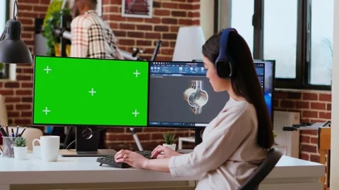 Software developer works in a modern office with green screen and dual monitors Stock Footage 319716442