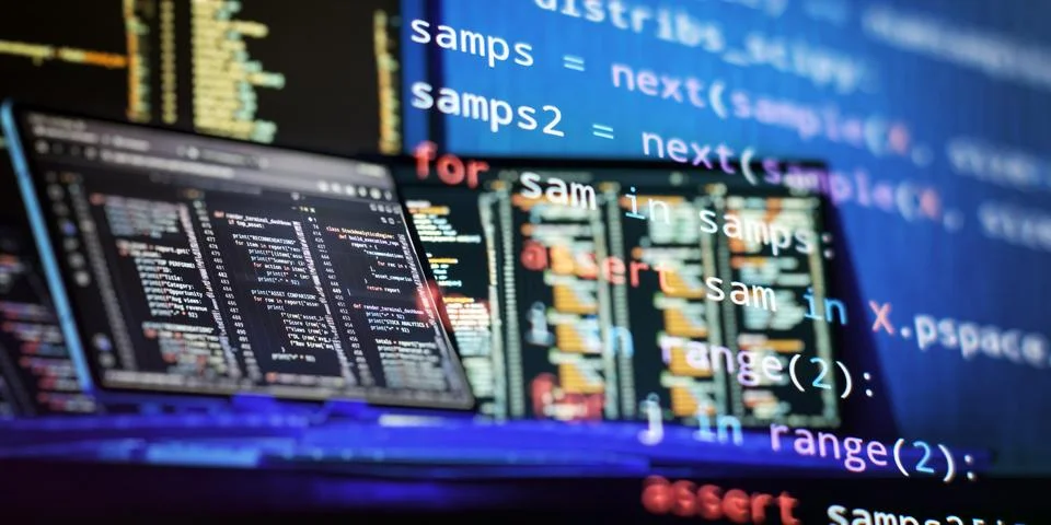 Software Developer Workspace With Source Code, Programming Screens and Abstra Photos