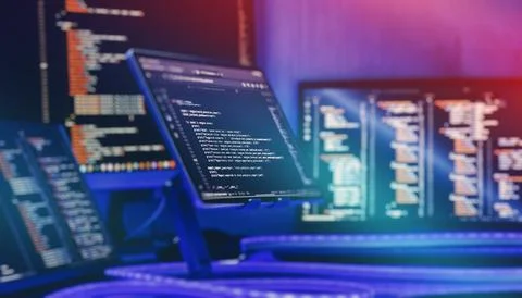 Software Developer Workstation with Multiple Programming Screens, Source Code Stock-Fotos