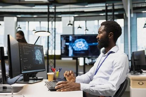 Software developer writing code, developing machine learning APIs 스톡 사진